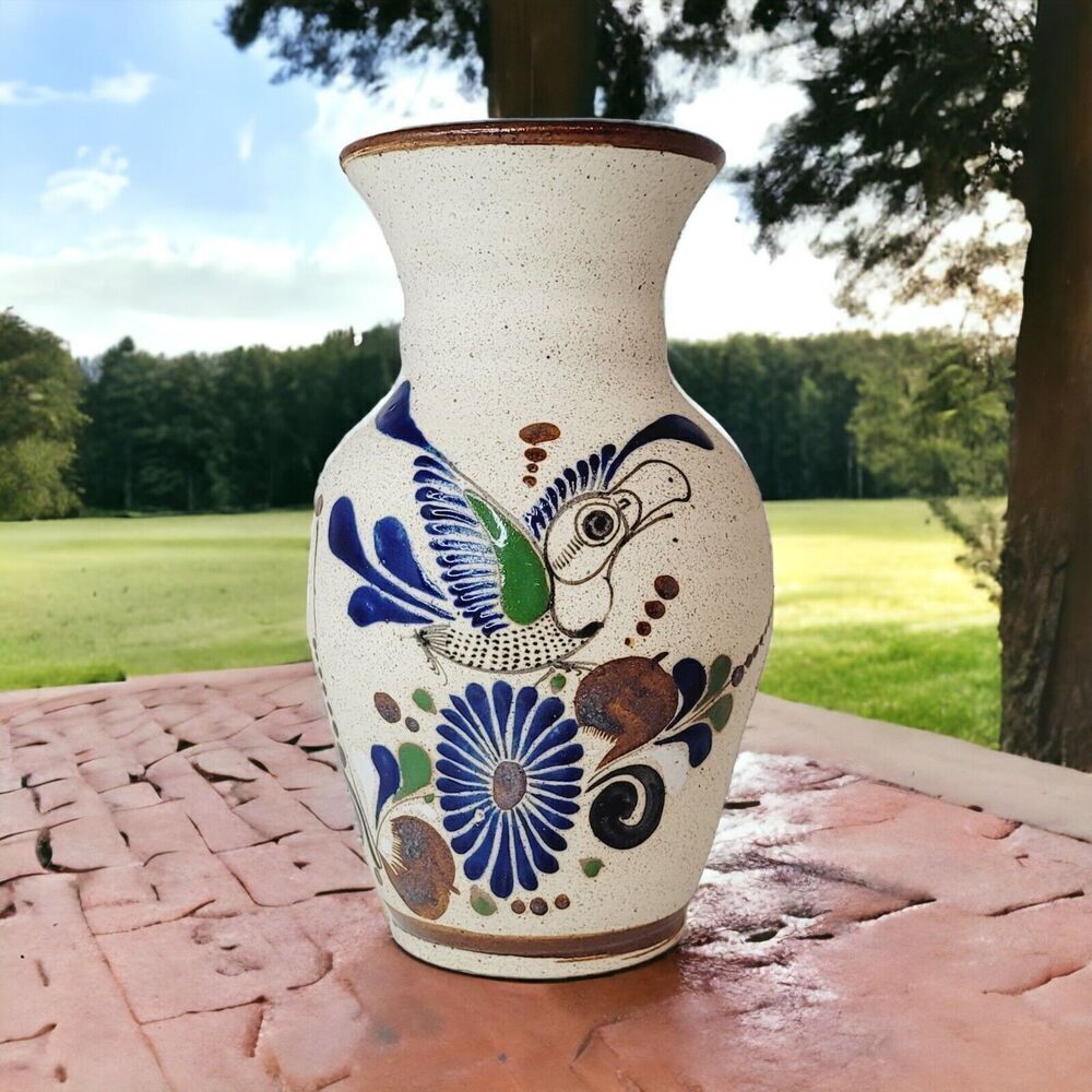 Tonala Mexico Folk Art Pottery Stoneware Bird Flower‎ Signed Vase JC